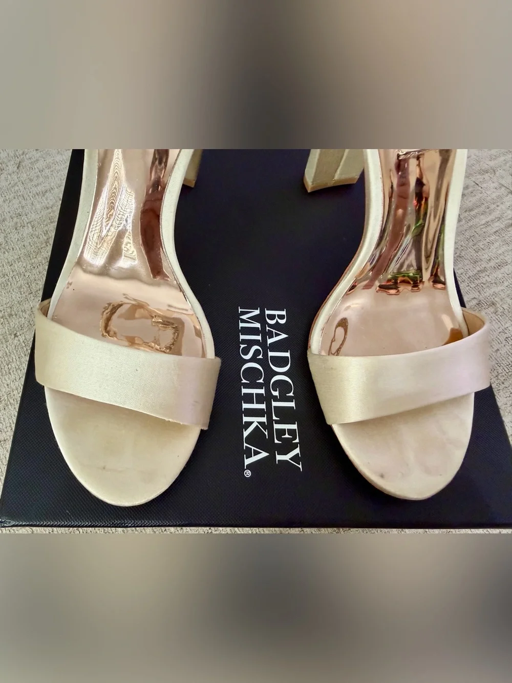 Badgley Mischka Ivory Satin Rhinestone Leaf Ribbon Ankle Tie Block Heels 7
